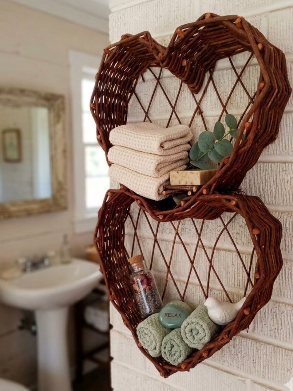 💕Vintage Cottagecore Willow Branch Duo Heart Wall Shelf Rustic Farmhouse Decor